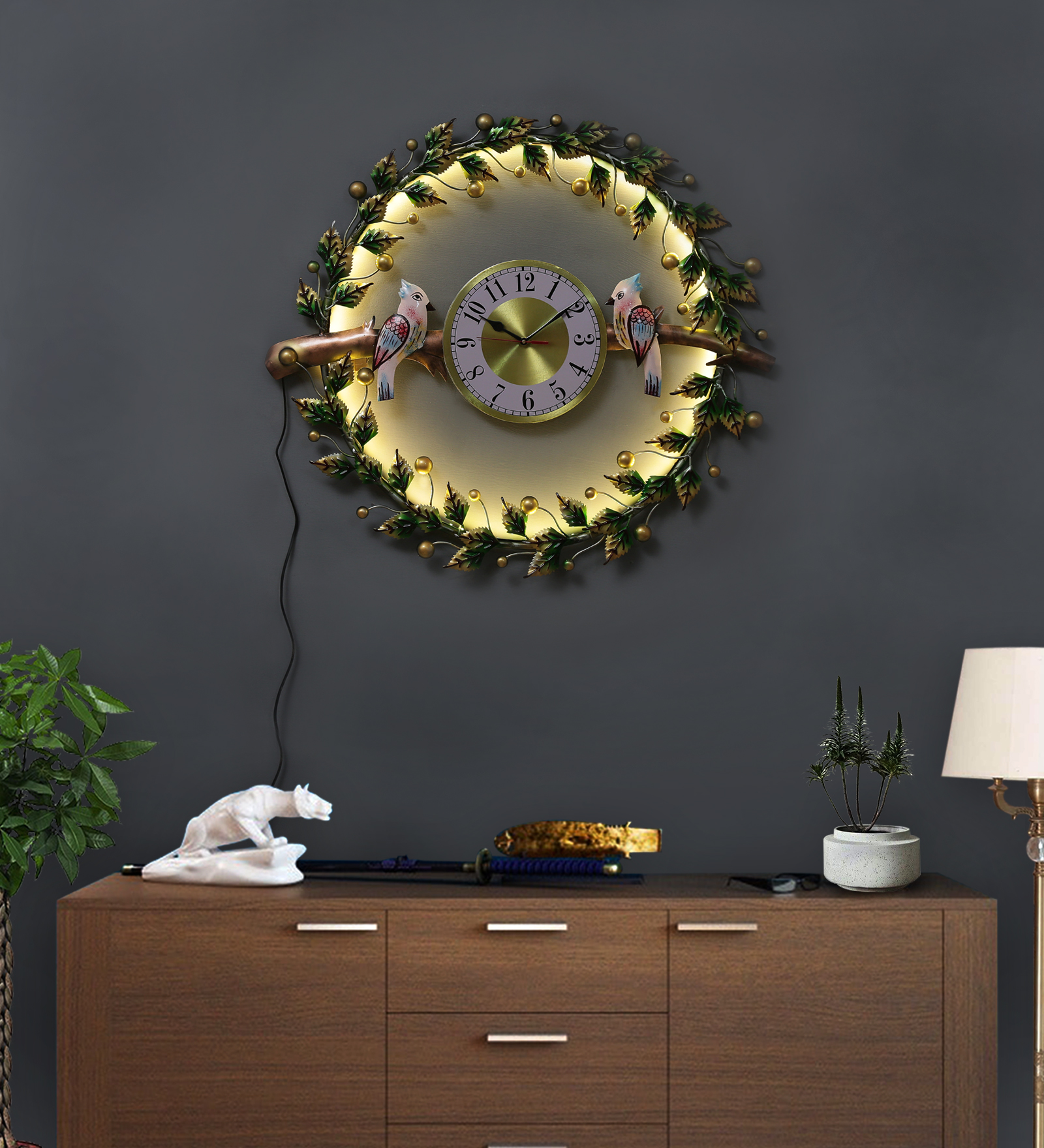 LED-Illuminated Bird Theme Metal Wall Clock
