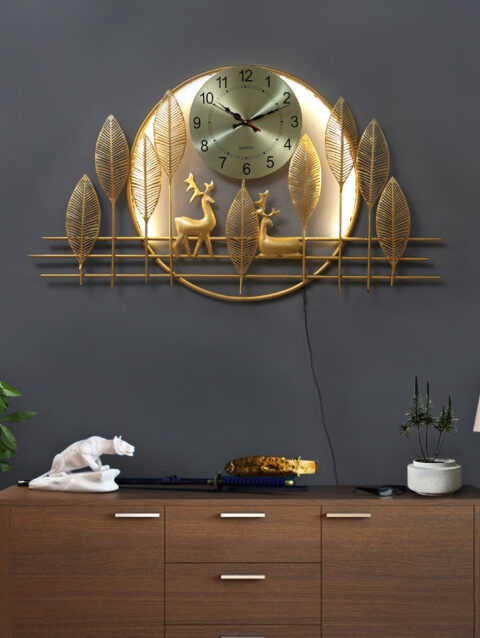 Golden Deer Forest Metal Wall Clock with LED Backlight