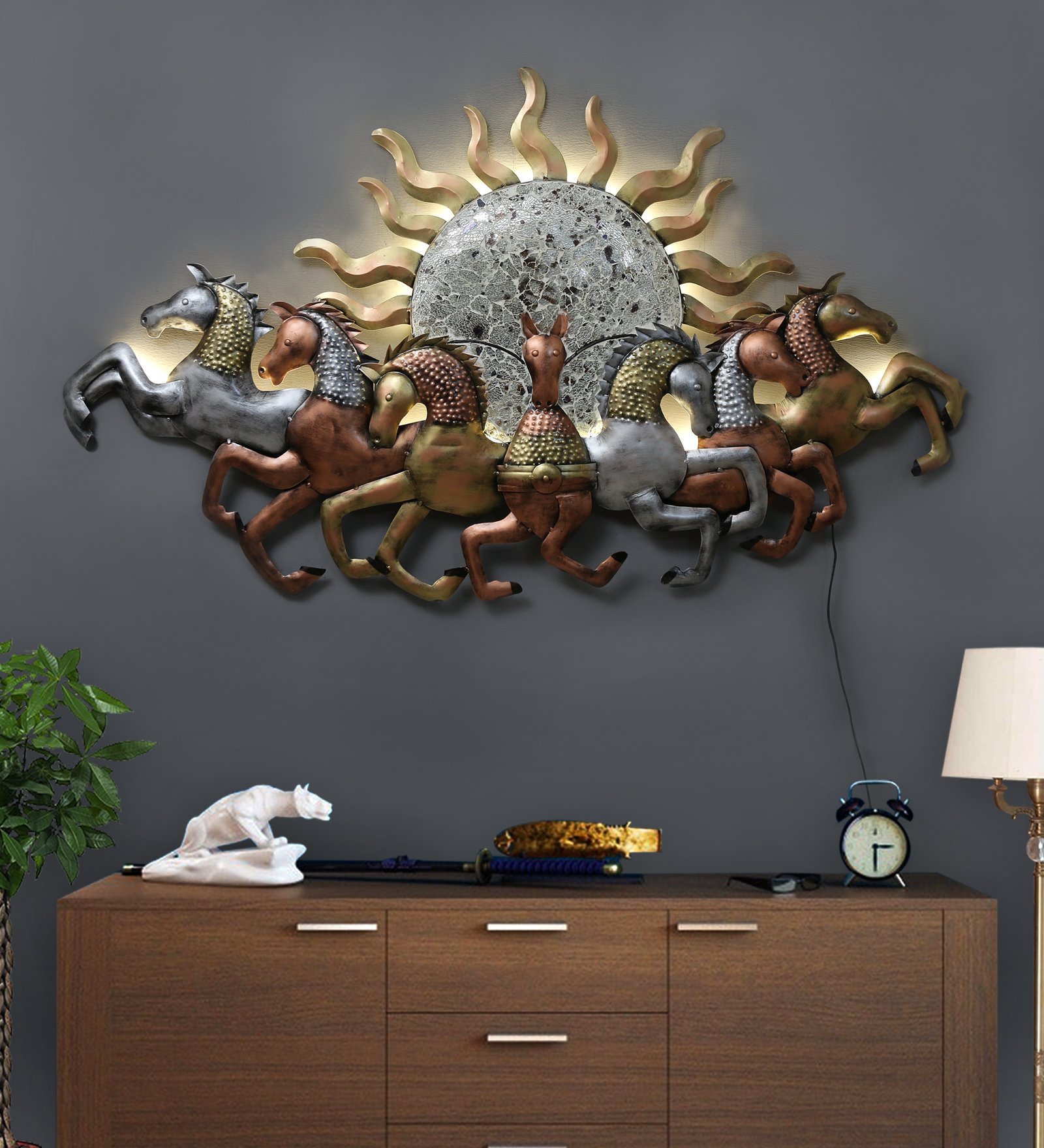 Surya Rath – Seven Horses Metal Wall Art with Illuminated Sun - Image 3