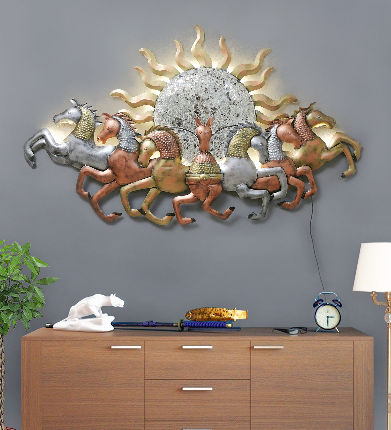 Surya Rath – Seven Horses Metal Wall Art with Illuminated Sun