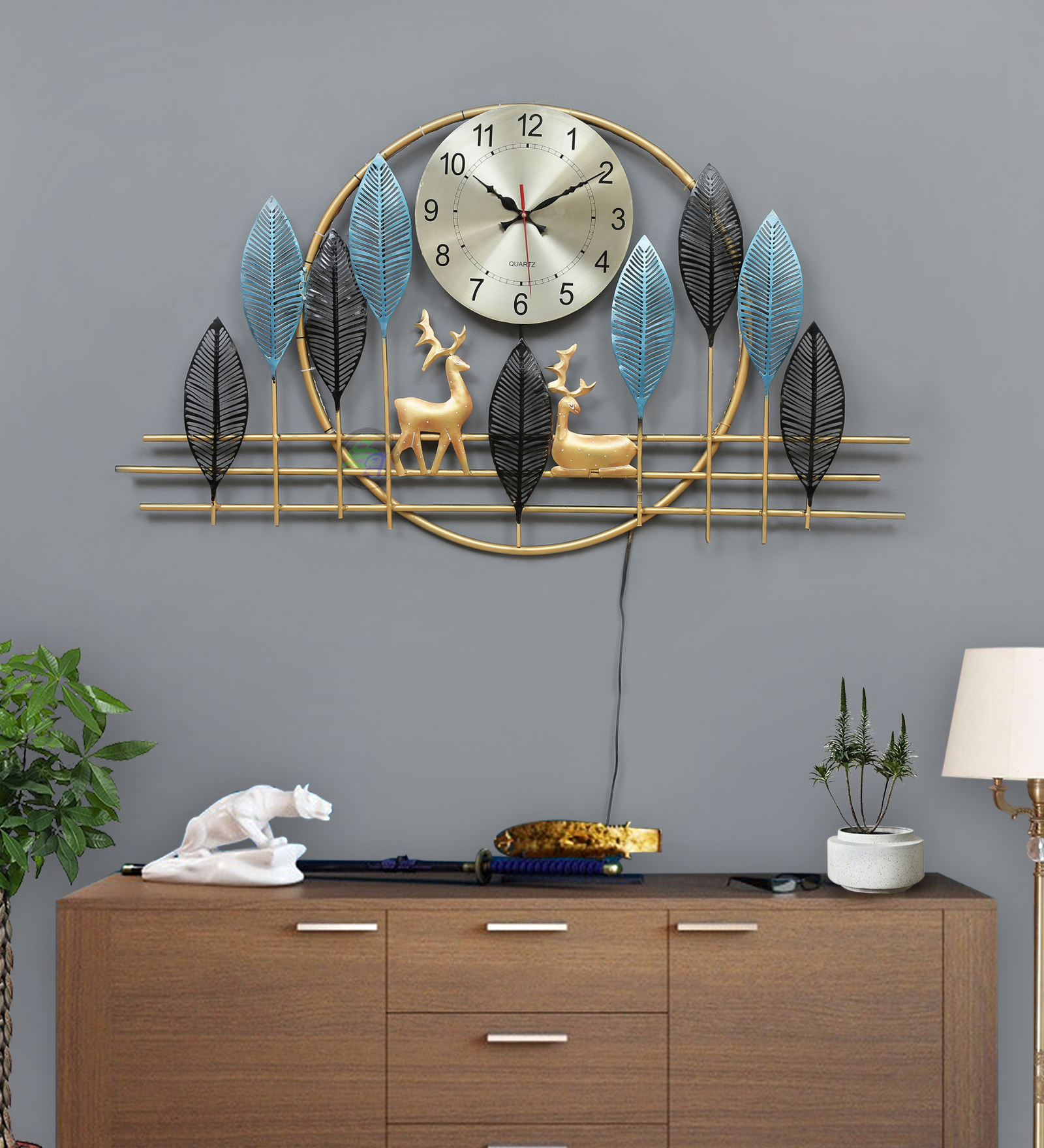 Luminous Forest Harmony – Metal Wall Clock with Deer & Leaf Art - Image 2