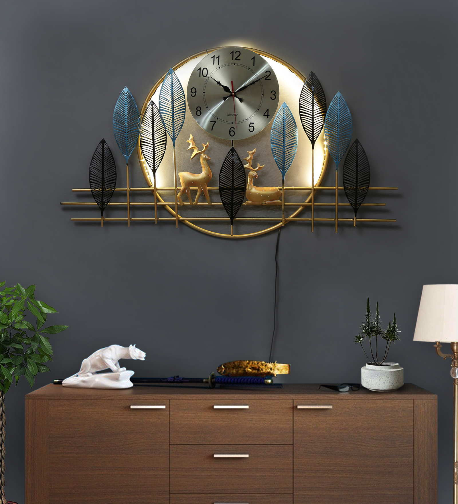 Luminous Forest Harmony – Metal Wall Clock with Deer & Leaf Art