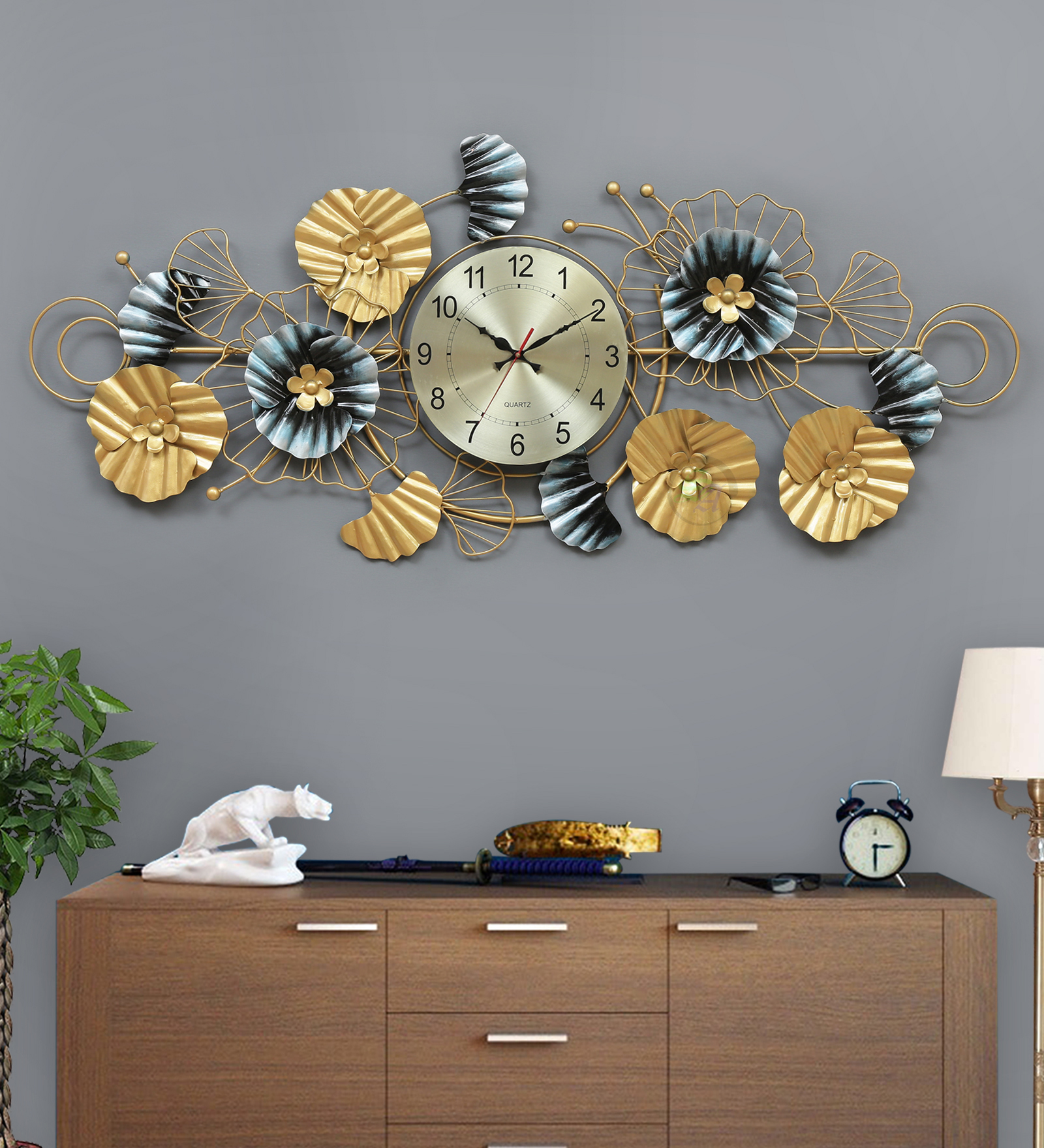 Imperial Bloom Metal Art – Luxury Floral Designer Wall Clock