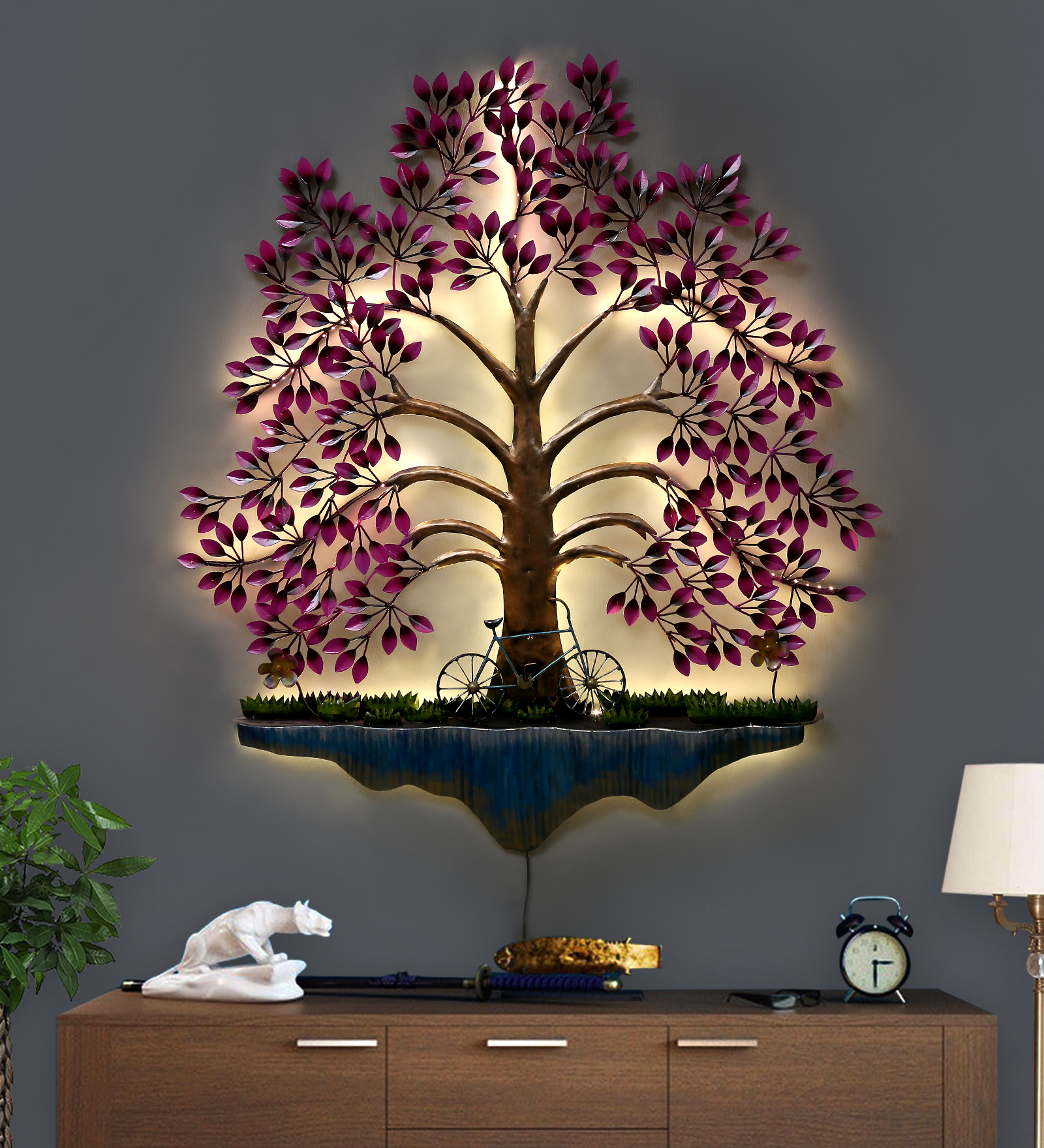 Vintage Glow Tree Metal Wall Art with Backlight & Bicycle Design