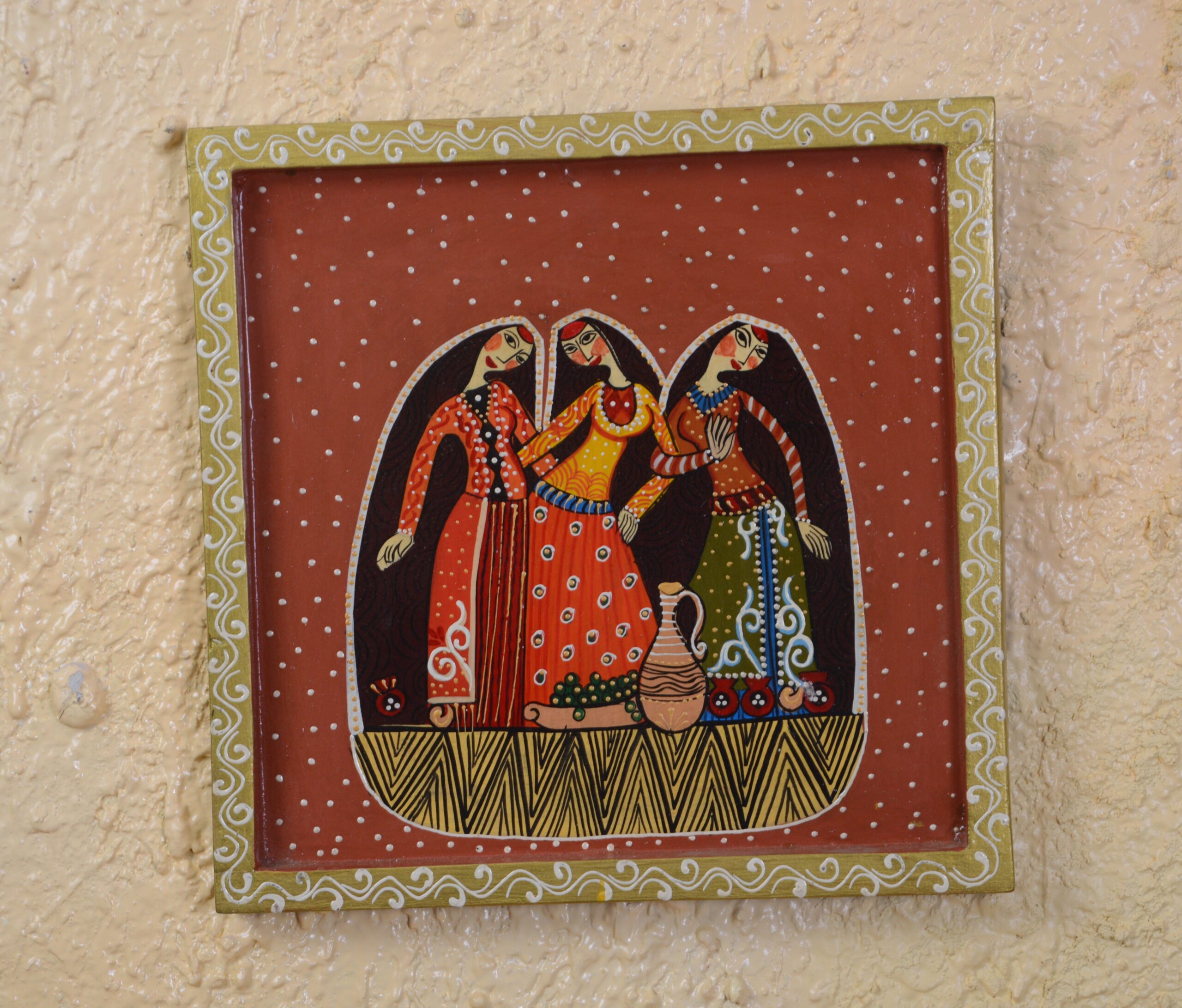 Folk Sisters Gathering – Traditional Tribal Art Panel - Image 3