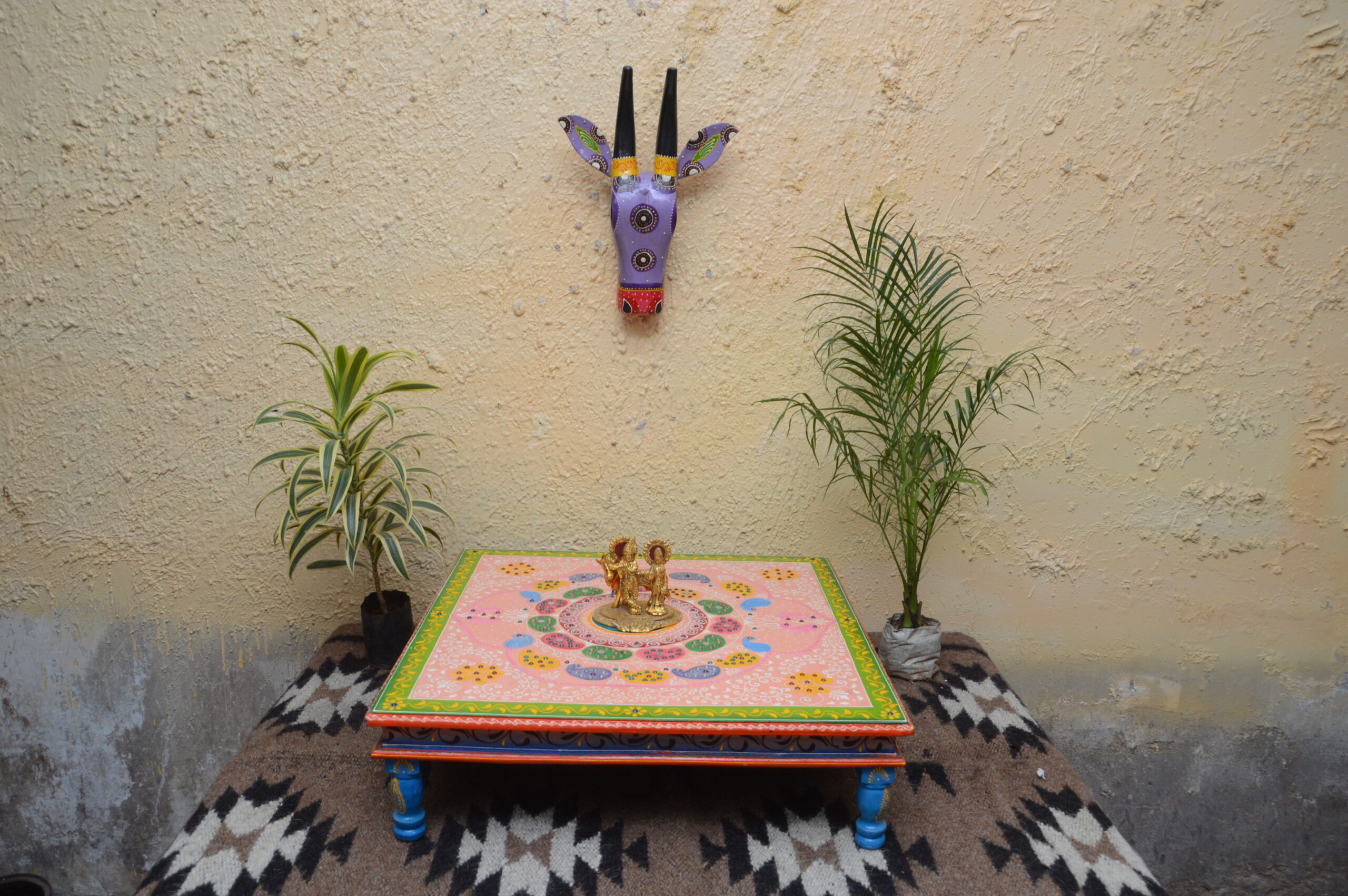 Traditional Rajasthani Multicolour Mandala Art Handcrafted Wooden Chowki Table with Intricate Decorative Borders and Blue Ethnic Carved Legs