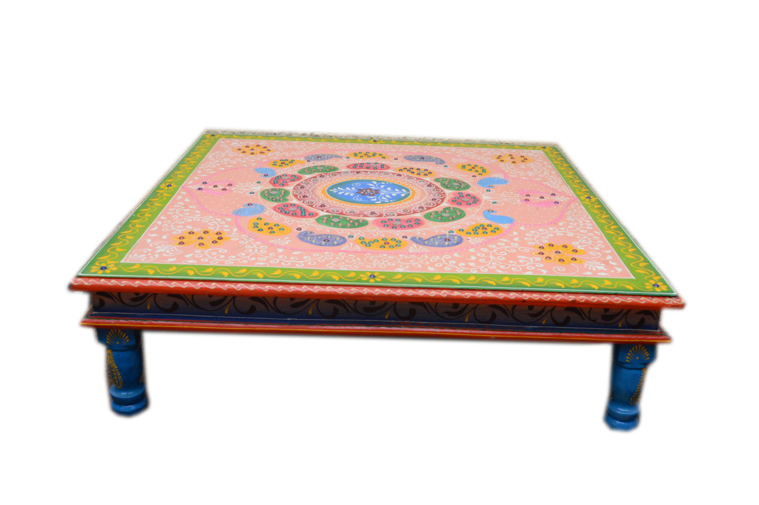 Traditional Rajasthani Multicolour Mandala Art Handcrafted Wooden Chowki Table with Intricate Decorative Borders and Blue Ethnic Carved Legs - Image 3