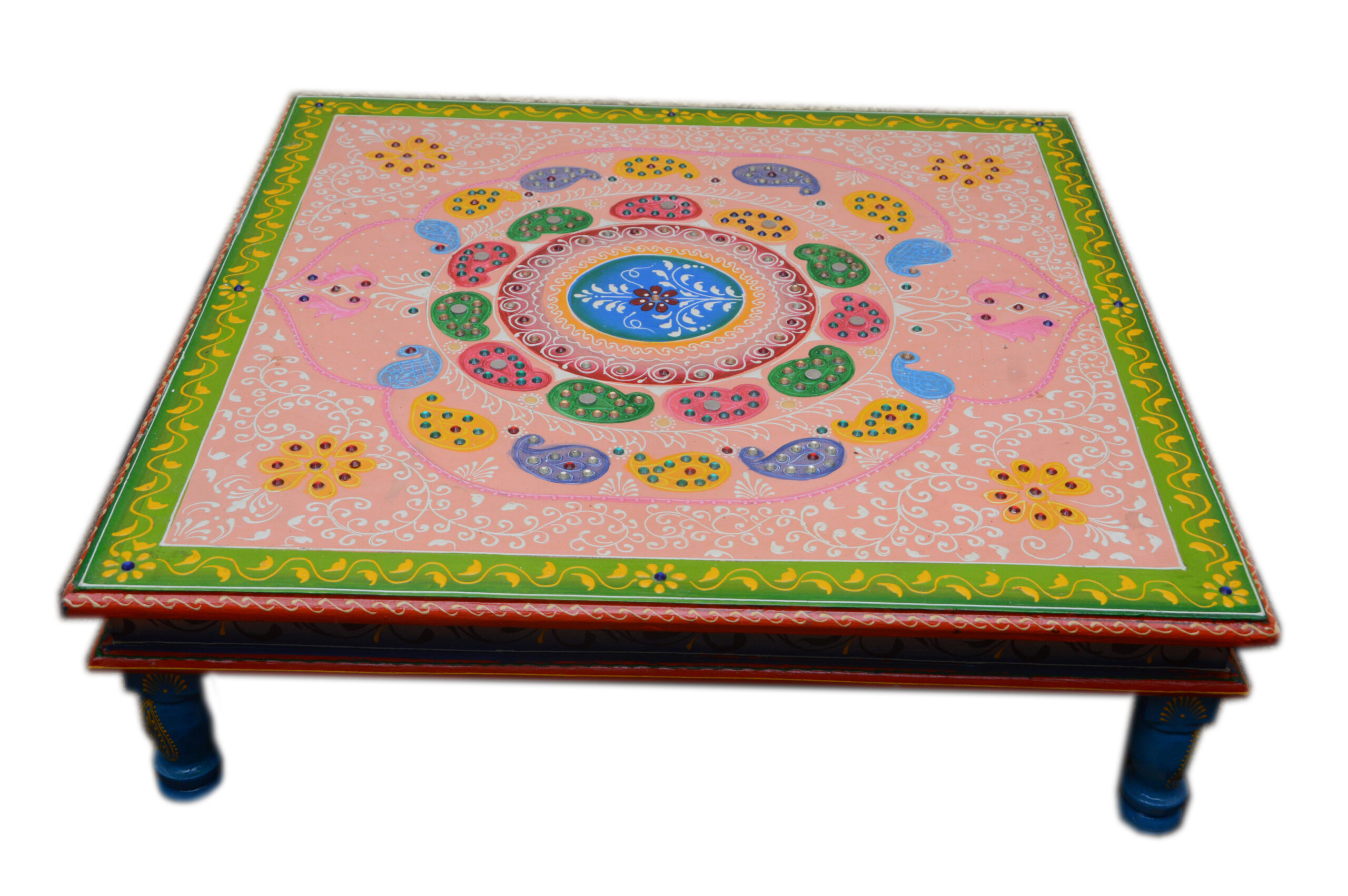 Traditional Rajasthani Multicolour Mandala Art Handcrafted Wooden Chowki Table with Intricate Decorative Borders and Blue Ethnic Carved Legs - Image 4