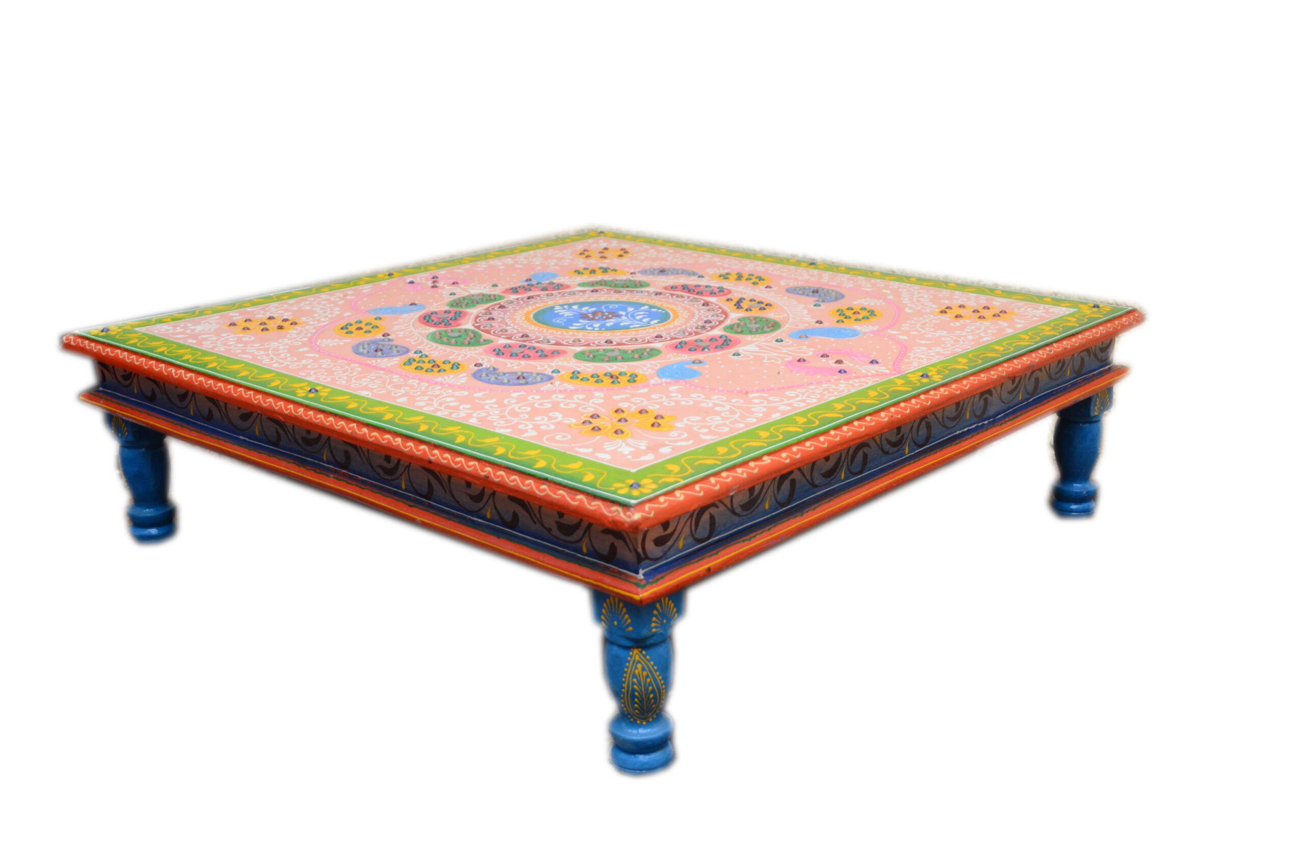 Traditional Rajasthani Multicolour Mandala Art Handcrafted Wooden Chowki Table with Intricate Decorative Borders and Blue Ethnic Carved Legs - Image 5